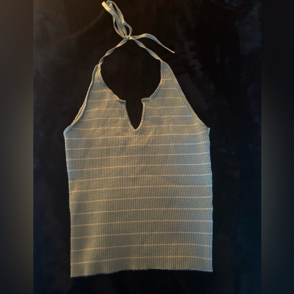 Light blue and white striped halter tie top